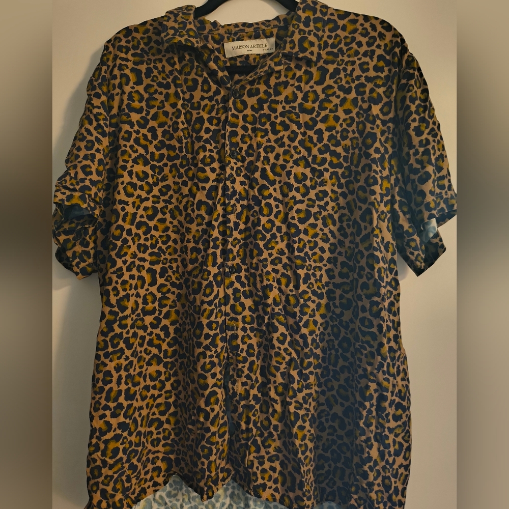 Maison Article Leapord Print Men's Short Sleeve Button Up Shirt Size XL
